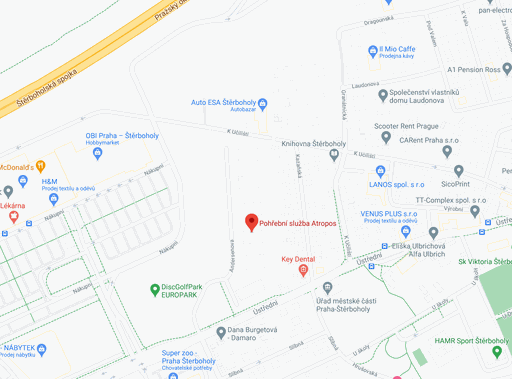 mapa kanceláře Pohřební Služby Atropos s.r.o. Praha 10, Štěrboholy